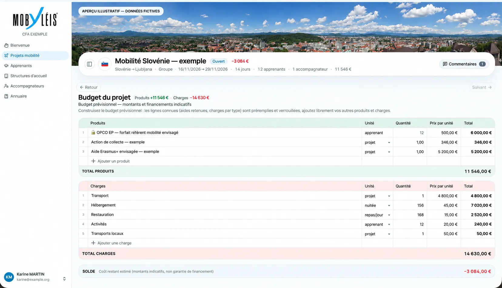 Interface Mobyléis — Simulation budgétaire prévisionnelle